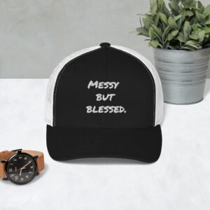 messy but blessed christian trucker cap – faith streetwear hat